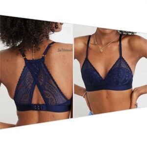 Aerie Real Power Wireless Push Up Paisley Lace Bra in Navy Blue Women's 34A NWT